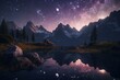 A space background with a pond, purple mountains, stars, and shining spheres. 3D rendered. Generative AI
