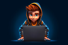 Portrait Of Successful Programmer, Game Developer Or Coder Guy In Uses Computer Laptop For Work. Game Design. Hacker Boy. Generative Ai. Cyber Gamer.