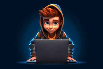 Portrait of successful programmer, game developer or coder guy in uses computer laptop for work. Game design. Hacker boy. Generative Ai. Cyber Gamer.