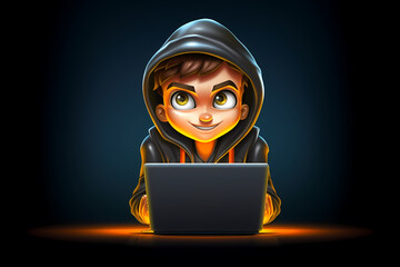 Portrait of successful programmer, game developer or coder guy in uses computer laptop for work. Game design. Hacker boy. Generative Ai. Cyber Gamer.
