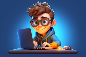 Portrait of successful programmer, game developer or coder guy in uses computer laptop for work. Game design. Hacker boy. Generative Ai. Cyber Gamer.
