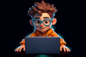Portrait of successful programmer, game developer or coder guy in uses computer laptop for work. Game design. Hacker boy. Generative Ai. Cyber Gamer.