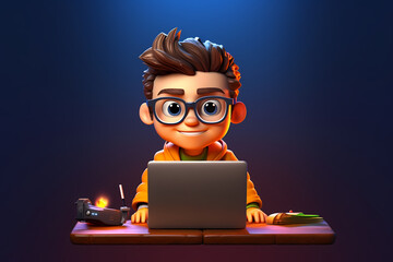 portrait of successful programmer, game developer or coder guy in uses computer laptop for work. gam