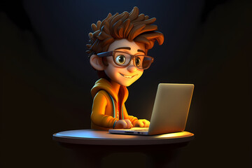 Portrait of successful programmer, game developer or coder guy in uses computer laptop for work. Game design. Hacker boy. Generative Ai. Cyber Gamer.