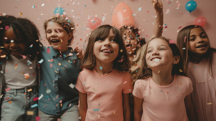 Group of Children Friends. Happy multicultural kids having fun celebrating birthday party together with confetti. Children's birthday concept. Generative ai