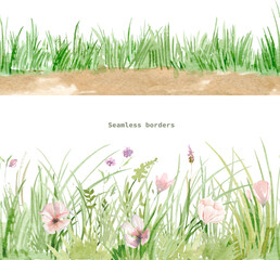 Vector watercolor of green seamless grass, grass border, hand drawn grass borderline illustration, isolated on white background, landscape plan, seamless border with green grass and wildflowers.