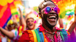 © neo - At a vibrant June pride event, a spirited gay man revels in the celebration, surrounded by rainbow hues, diverse attire, and the joyful unity of the LGBTQ+ community. Generative AI