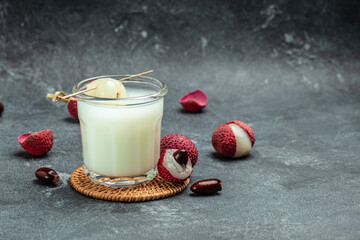 Lychee Soda ice cocktail on a dark background, Restaurant menu, dieting, cookbook recipe top view