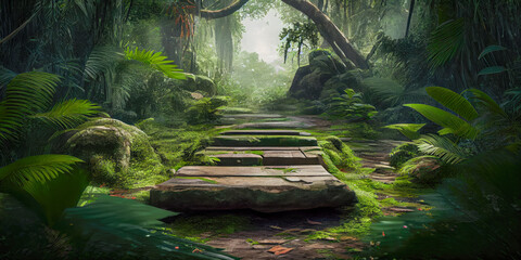 Stone platform in tropical green forest for product presentation, Generative AI