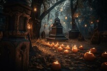 Eerie Churchyard With Glowing Jack-o-lantern Candles On Halloween Night. Generative AI