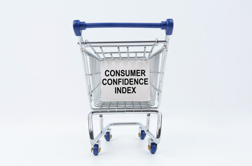 On a white background is a shopping cart with a sign that says - Consumer Confidence Index