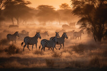 Herd Of Zebras Running In Dusty African Savanna - Generative AI