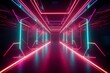 A futuristic tunnel with pink and blue neon lights, ultraviolet abstract background, laser show stage, and fashion catwalk podium. Generative AI