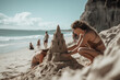 Two young adult white women building a sand castle at the beach - Generative AI