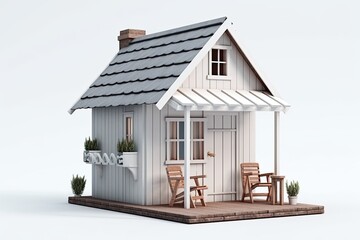 Sticker - cozy white cottage with a charming porch and outdoor dining area Generative AI