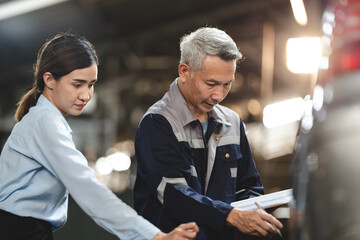 Asian woman customer talking with professional mechanic worker or workshop owner, client checking a maintenance job with garage automobile technician, business of car repair transportation service