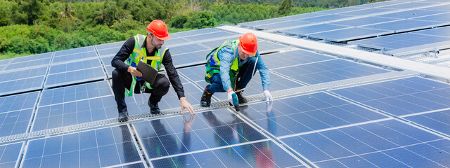 Technician engineer planning to setting solar panel on the roof of the building to work at full efficiency, Using solar cells for energy saving to save and protect environment. Renewable energy