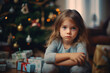 kid in bad mood, waiting or disappointed, kid girl in living room with christmas tree. Generative AI