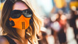 young adult woman wearing respirator and sunglasses outdoors in summer in a city with people in the background, teenage woman protects herself from the air. Generative AI