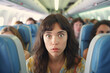 young adult woman is shocked or insane, on airplane with passengers in the background, middle of aisle with big wide eyes and mouth open, fictional reason