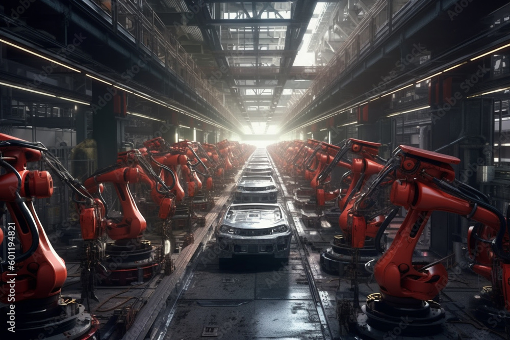autonomous robot factory produces vehicles cars bodies in a big hall on ...
