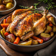 roasted chicken with vegetables and legumes, carrots, onions, potatoes, sweet potatoes, rosemary on a table with Generative AI