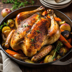 roasted chicken with vegetables and legumes, carrots, onions, potatoes, sweet potatoes, rosemary on a table with Generative AI