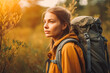© VisualProduction - Young woman hiking and going camping in nature. Portrait of sporty woman going on hike. Generative AI