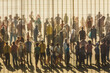 abstract, people at a high fence, at a fictional border or border crossing, refugees or immigrants standing in an endless queue or row along the fence, fictional place