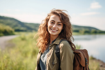 young adult woman traveling, hiking along a small river in nature, fictional place