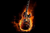 Fototapeta Młodzieżowe - Rock guitar on fire isolated on black background. Ai generated