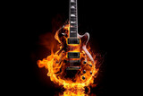 Fototapeta Młodzieżowe - Rock guitar on fire isolated on black background. Ai generated