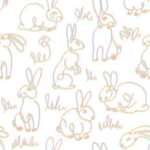 One Line Drawing Rabbits Seamless Vector Pattern. Easter Background