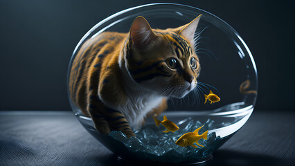 A cat looking after the fish in the aquarium. Cat looking in goldfish bowl with goldfish, fishing, kitten in goldfish bowl. (Generative AI)