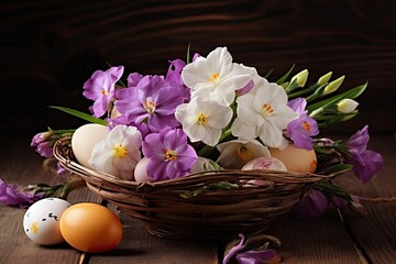 Sticker - wicker basket filled with fresh eggs next to blooming purple flowers Generative AI