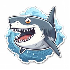 Cartoon sticker of a crazy shark over white background. Generative AI illustration