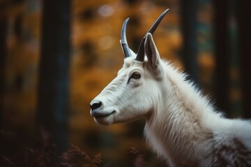 Poster - majestic white goat with long horns standing in a lush forest Generative AI