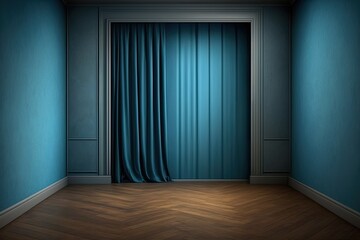 Canvas Print - an Empty Room with Blue Curtain and Wooden Floor Generative AI