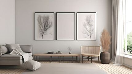 Modern scandinavian interior living room. Three picture frame. Empty wall mockup in white room with wooden floor and lots of dry plants.