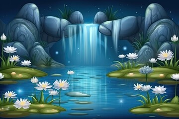 Canvas Print - serene pond with blooming flowers and a stunning waterfall in the background Generative AI