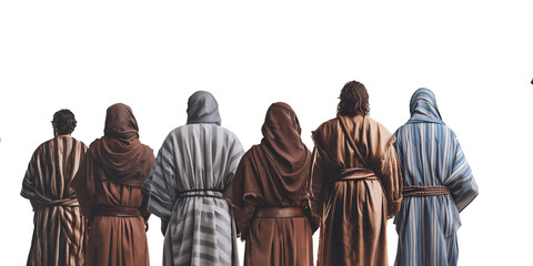 Wall Mural - Apostles of Jesus Christ middle eastern men wearing colorful medieval clothing standing view from the back