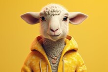 Anthropomorphic Baby Sheep Dressed In Human Clothing. Humanized Animal Concept. AI Generated, Human Enhanced