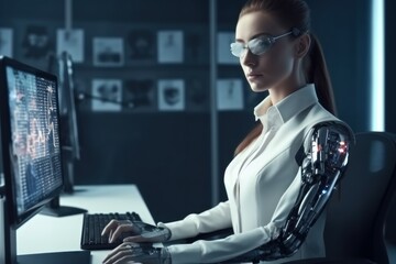 Woman robot secretary at work. Background with selective focus. AI generated, human enhanced