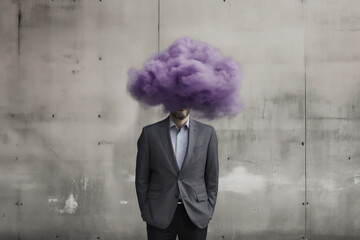 a purple, lilac cloud near the head of a man in a business suit. art, minimalism, dark sky. surreal art. AI generative