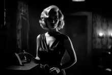 A Film Noir-inspired Image Of A Woman In A Elegant Dress, Holding A Smoking Gun And Standing In A Dimly-lit Room. The Image Be Black And White With High Contrast. Generative AI