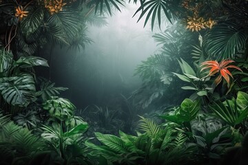  Fresh exotic jungle background with lots of copy space, generative ai