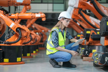 Mechanical engineers with robotic welder., Programming development technology work. Female industrial engineer working at automated AI robotic production factory..