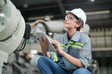 Female industrial engineer working at automated AI robotic production factory.