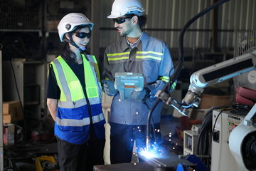 Wall Mural - Robotics engineer working on maintenance of robotic arm in factory warehouse. Business technology.