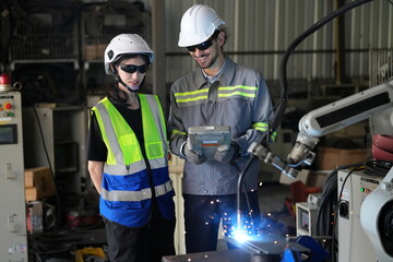 Wall Mural - Robotics engineer working on maintenance of robotic arm in factory warehouse. Business technology.